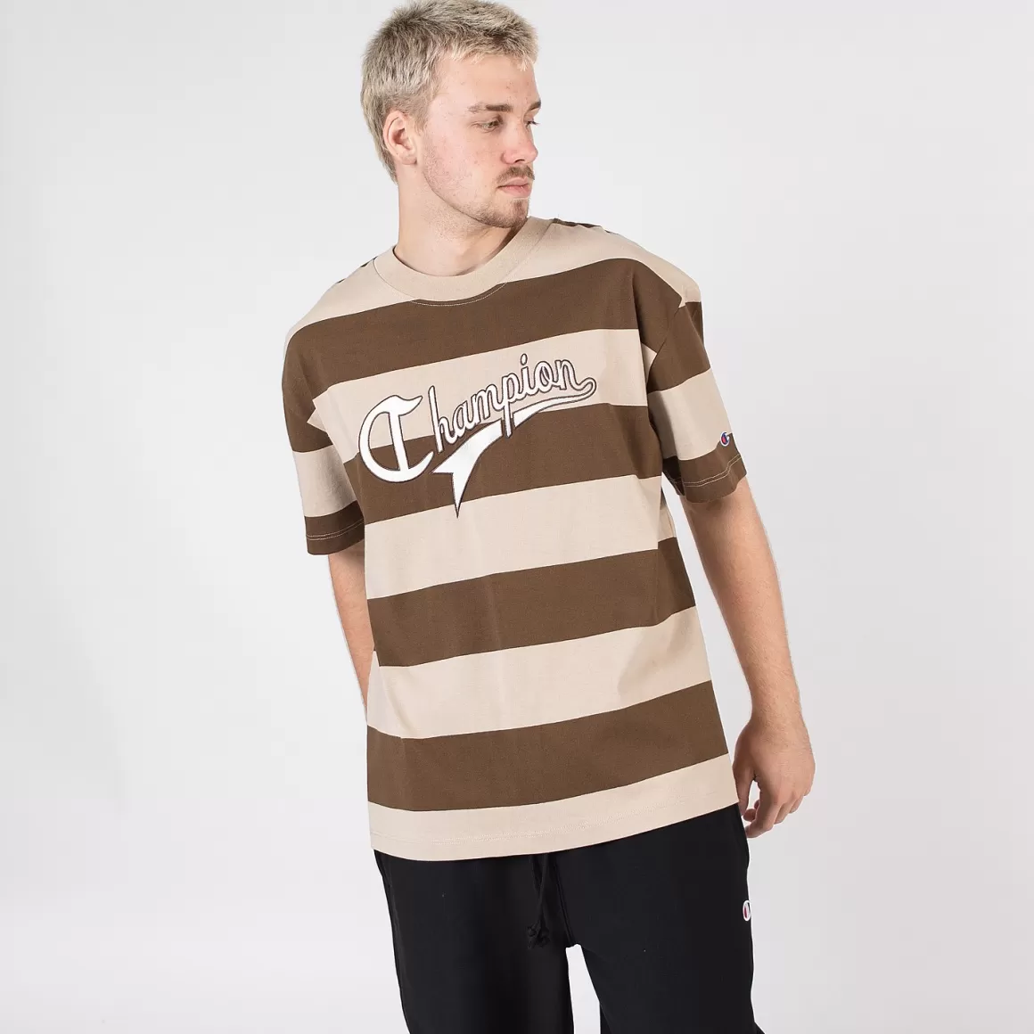 Champion Heritage Collegiate Stripe Cursive Script Tee New